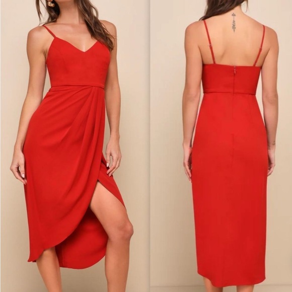 Lulus Dresses & Skirts - Lulu's Red Spaghetti Strap Wrap Midi Dress